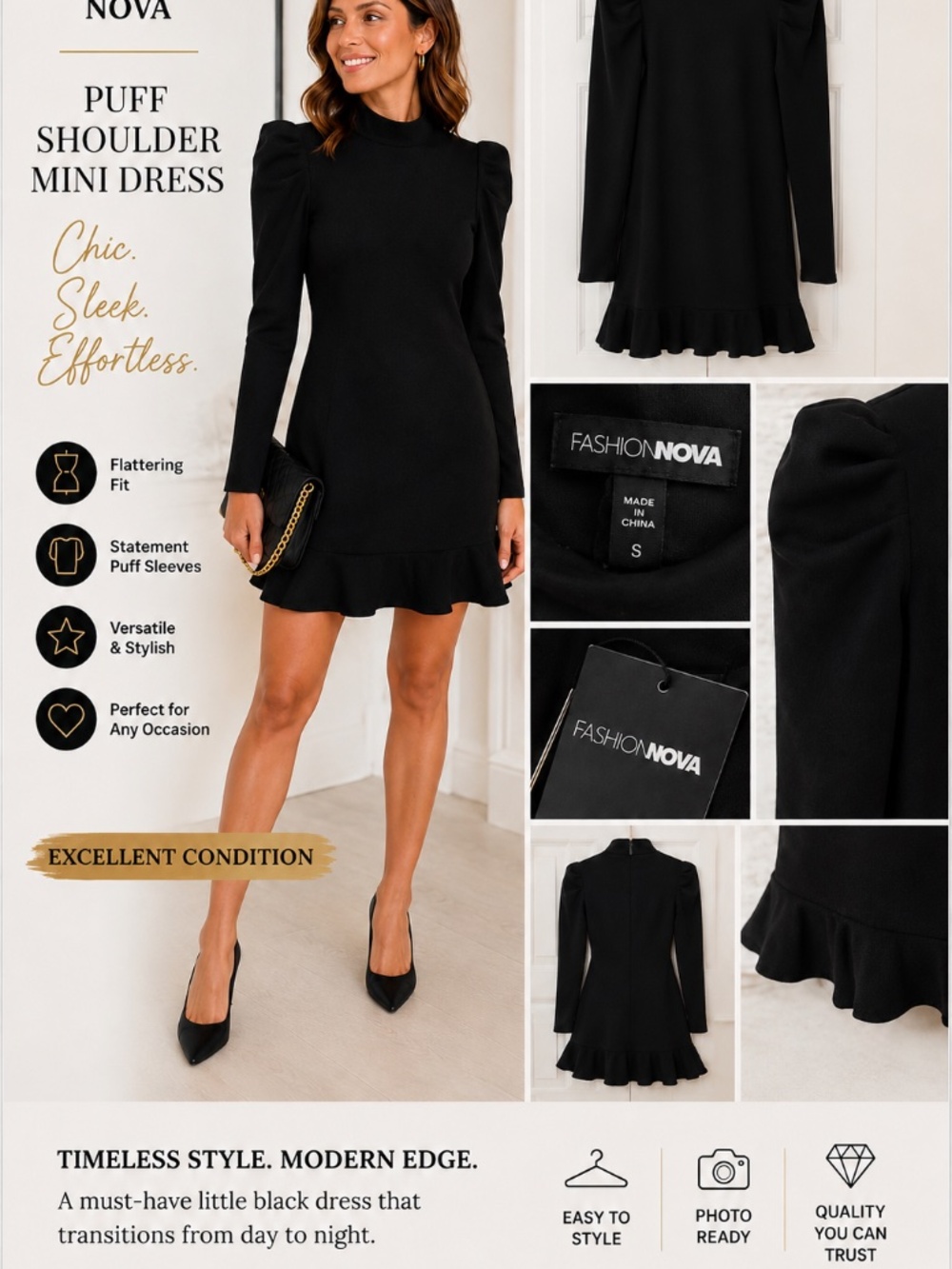 Fashion Nova Jade Puff Sleeve Black Mini Dress Size S NWT